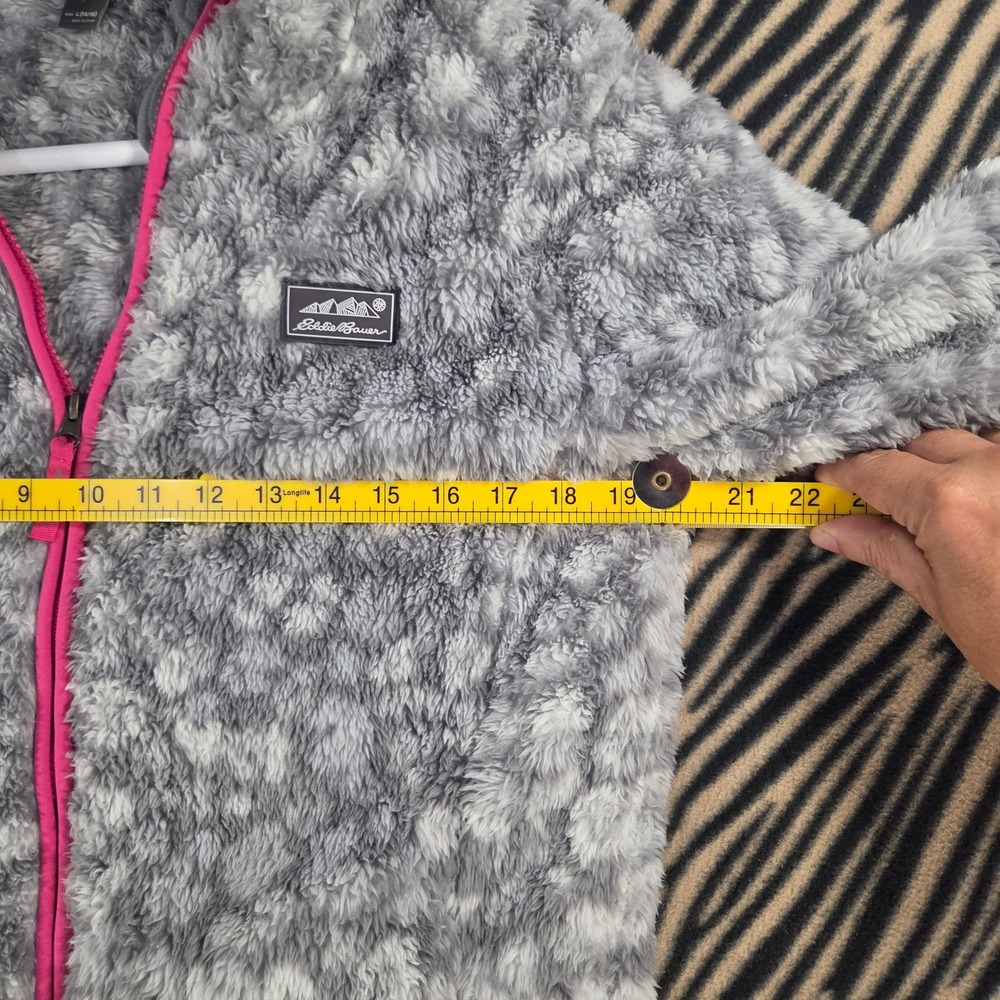 Eddie Bauer Sherpa Fleece Hoodie Gray Leopard Pink Trim Kids Large Womens XS S - Picture 6 of 8